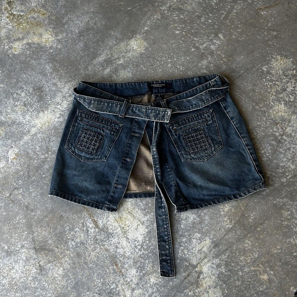 Vintage Y2K American Eagle Denim Mini Skirt Patch Pocket Button Front Sz 8 Belt